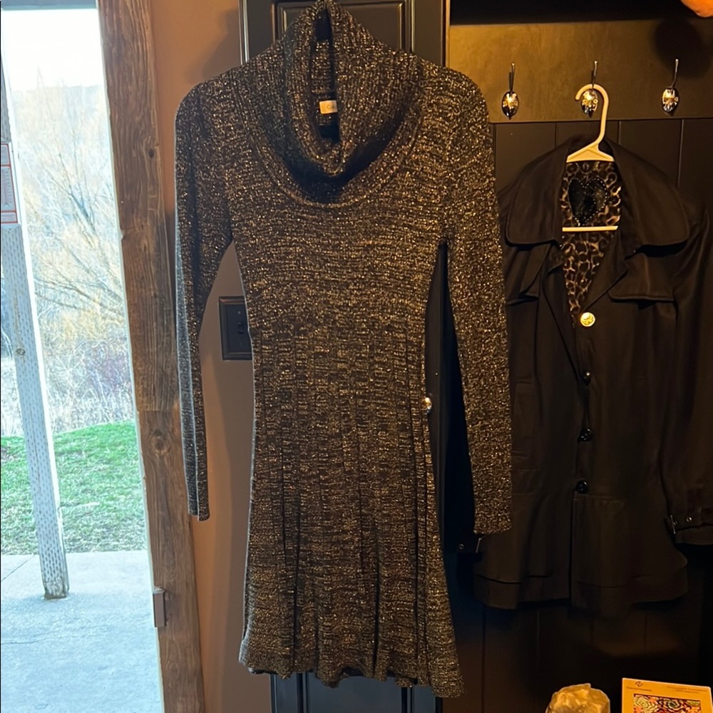 Calvin Klein Black and Gold Sparkle Cowl Neck Sweater Dress